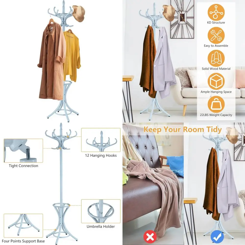 

Freestanding Wooden Coat Rack with 12 Hooks and Umbrella Stand, Entryway Tree Organizer for Hats and Coats