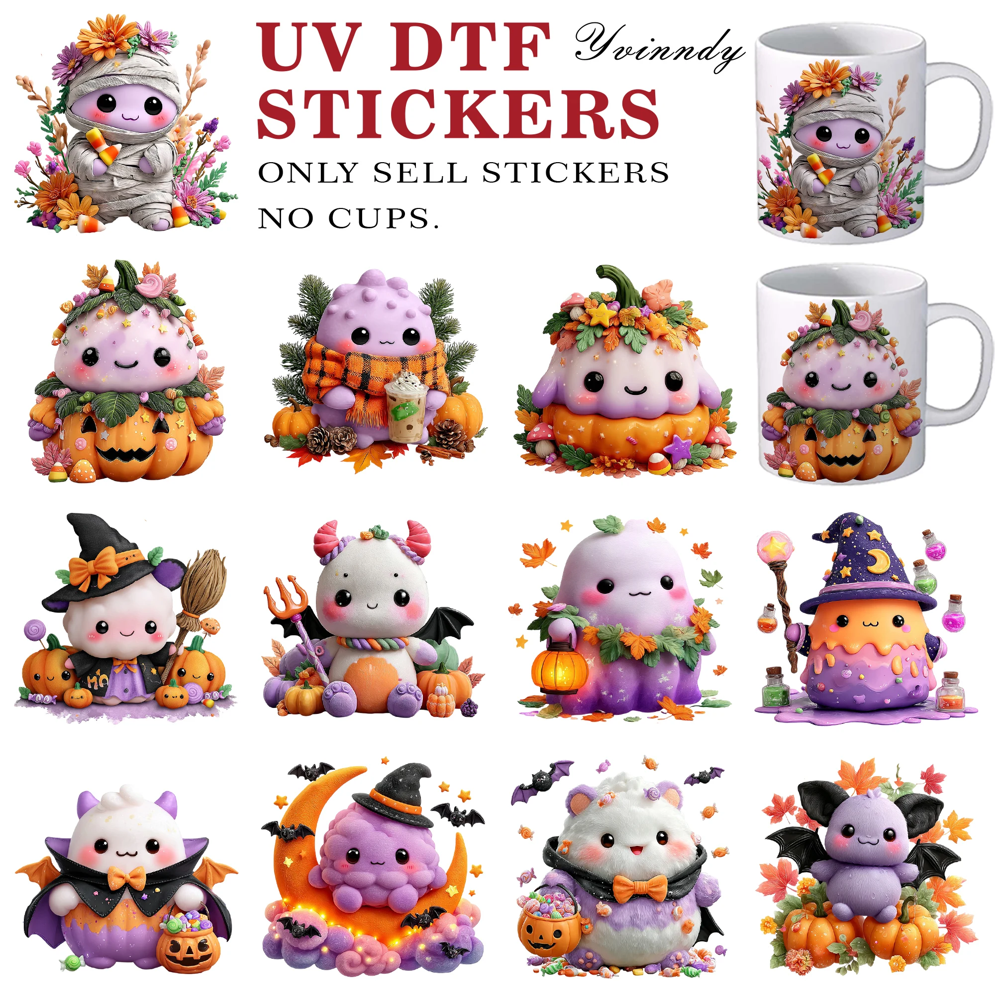 12pcs/set Halloween Kawaii Dumpling DIY UV DTF For Mugs Printing Waterproof Self-adhesive UV DTF For 16oz Glass Can Wrap