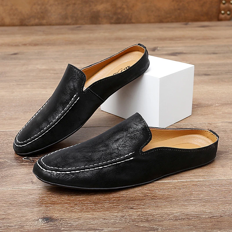 Lightweight Summer Mules Men Half Shoes For Man Slippers Leather Mens Casual Shoes Loafers Flip Flops Male Slides Flat Sandals