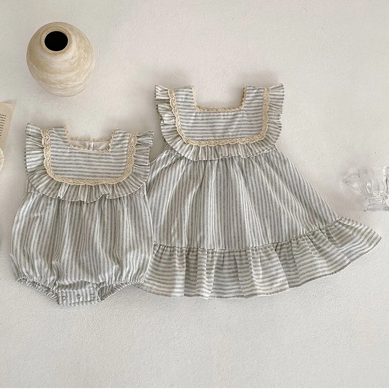 Newborn Toddler Baby Girls Stripe Jumpsuit Summer Sweet Fashion Baby Girls Sleeveless Kids Princess Dress Girls Sister Clothes