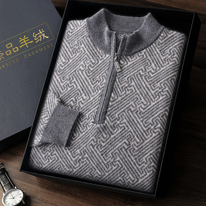 Autumn and winter new high-end 100 wool sweater men's zipper stand collar long sleeve t-shirt autumn new fashion brand loose pul