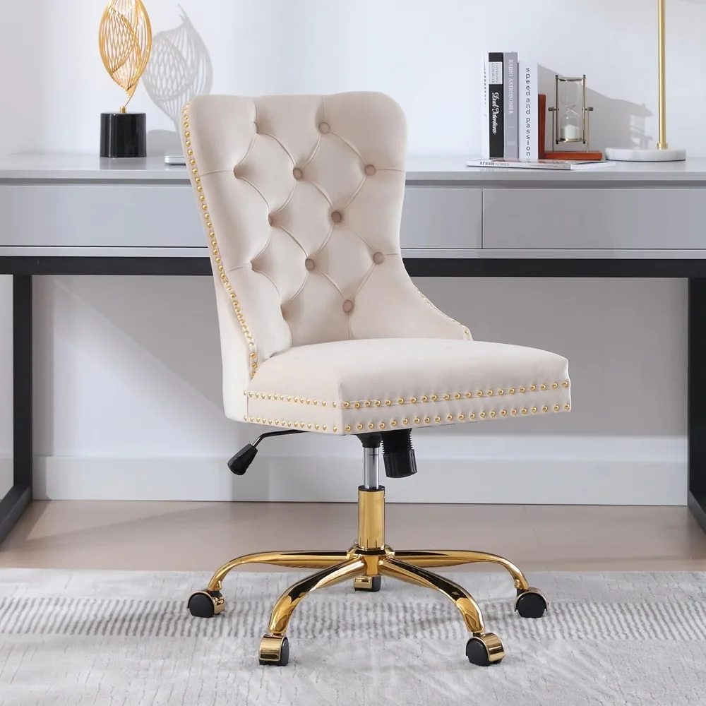 

Desk Chair with Wheels, Velvet Gold Office Chair Armless Swivel Chair with Tufted High Back Rivet Trim