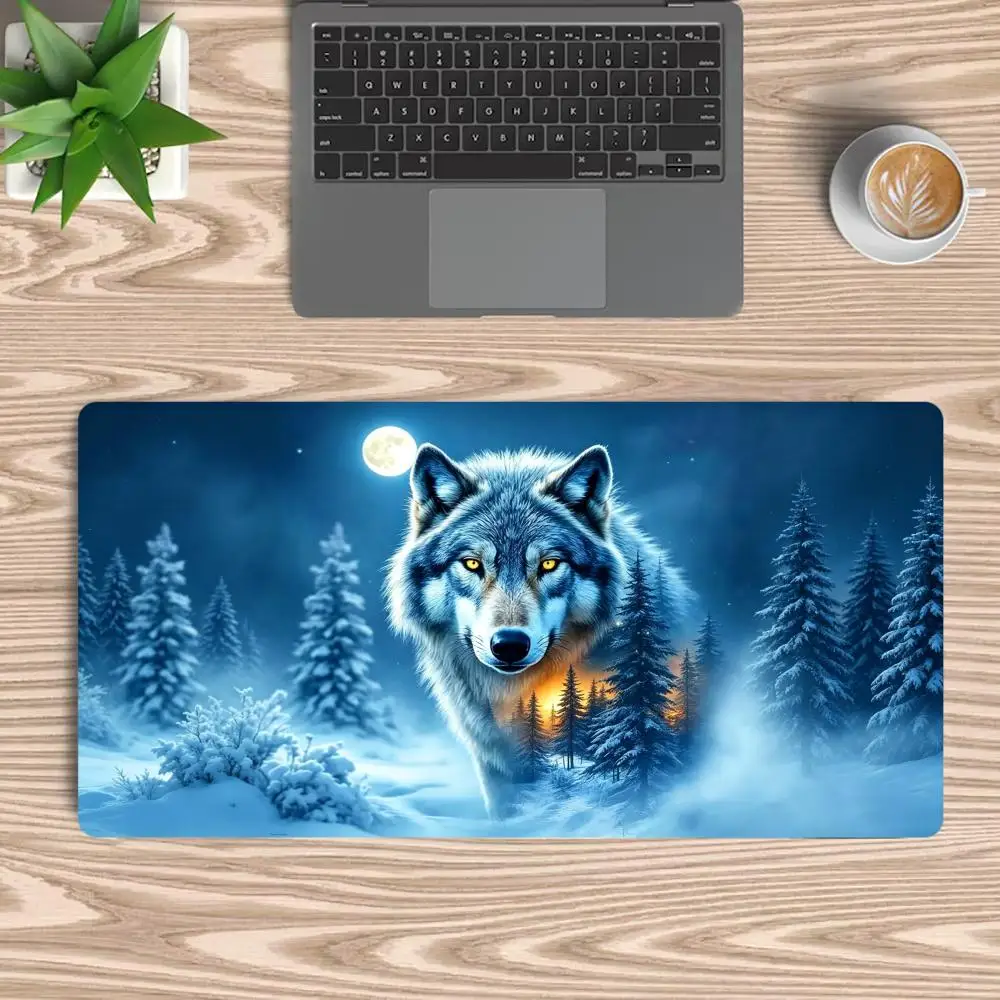 Aurora Wolf Moon Large Mouse Pad  Anti‑slip Rubber Stitched Edge Gaming Desk Mat For Laptop Office Long Pad Pc Accessories
