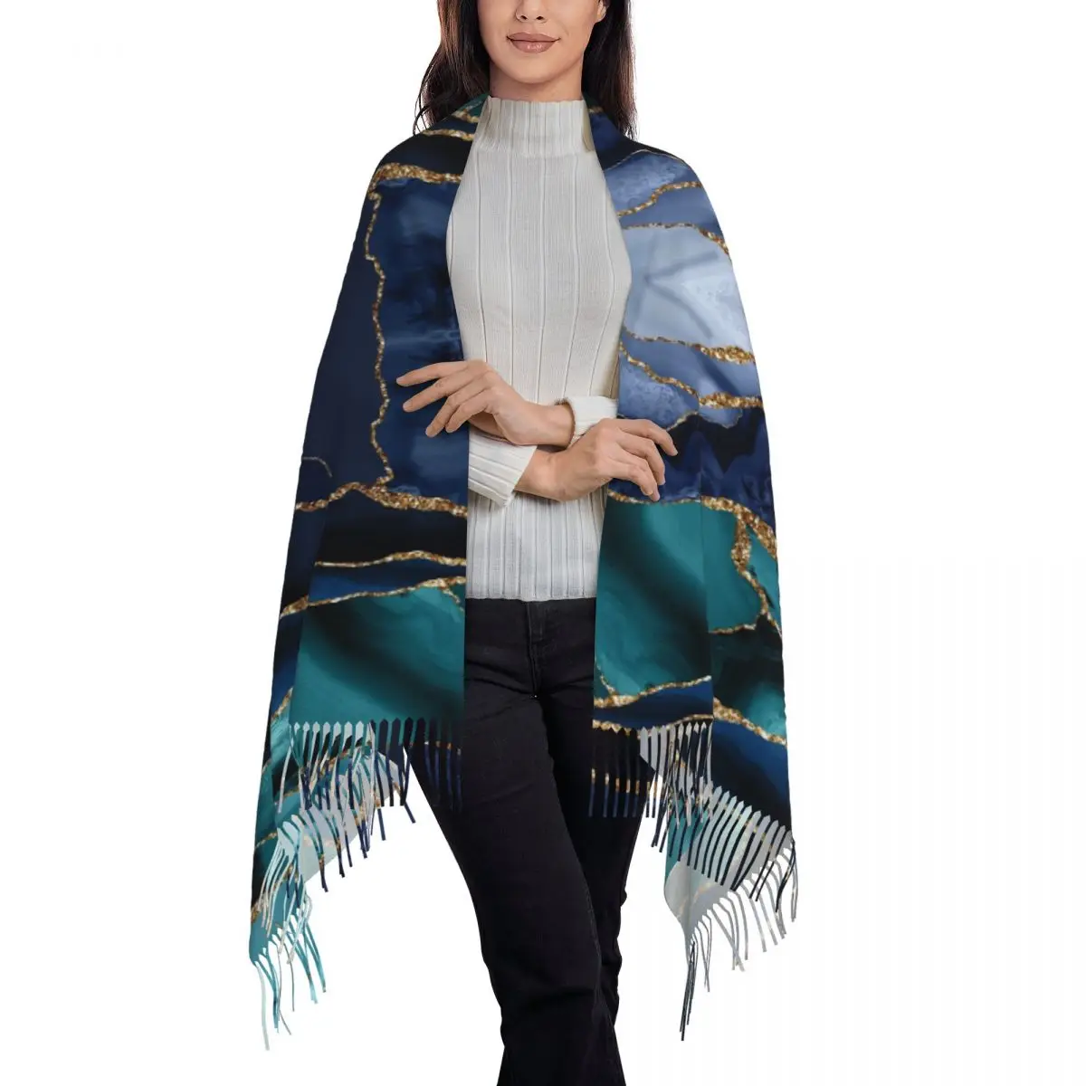 Stylish Teal Blue And Gold Hues Marble Agate Scarf Tassel Scarves Women Soft Warm Shawls and Wraps Long Fall Winter Shawl Wrap