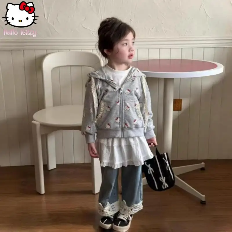 

Kawaii мультяшная куртка для девочек «Hello Kitty», весенне-осенняя новинка, толстовка с длинными рукавами в стиле аниме Sanrio, приятная для кожи, мягкая, дышащая