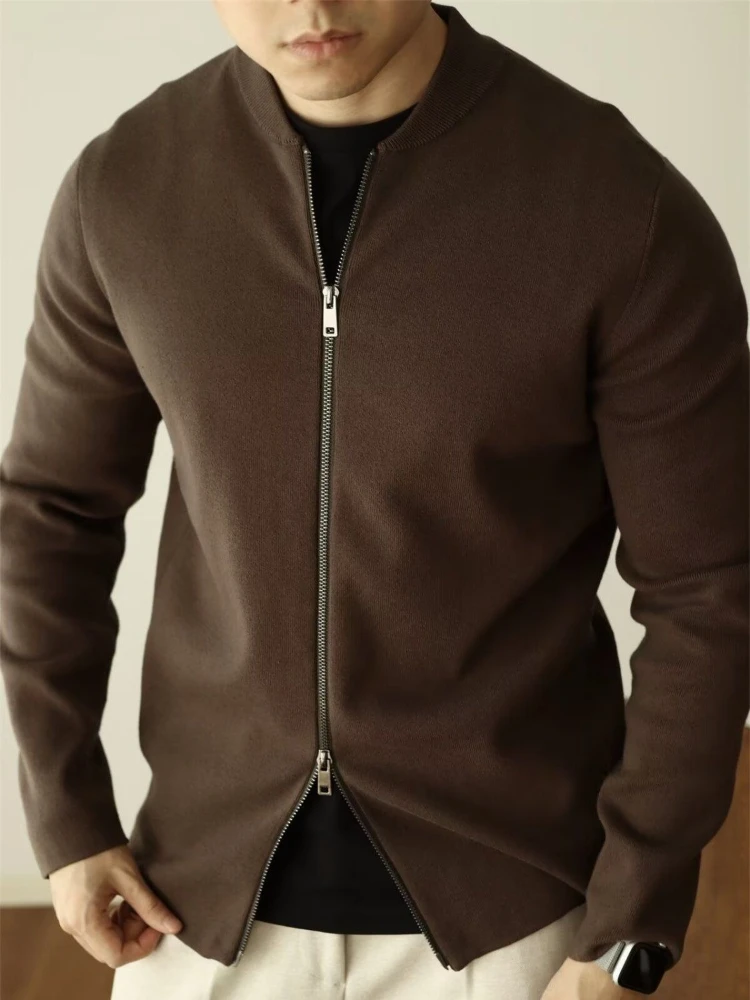 

​ 2025 SS AA корейский стиль с двойной молнией, высококачественный универсальный вязаный кардиган, мужской винтажный однотонный повседневный свитер, верхняя одежда ​