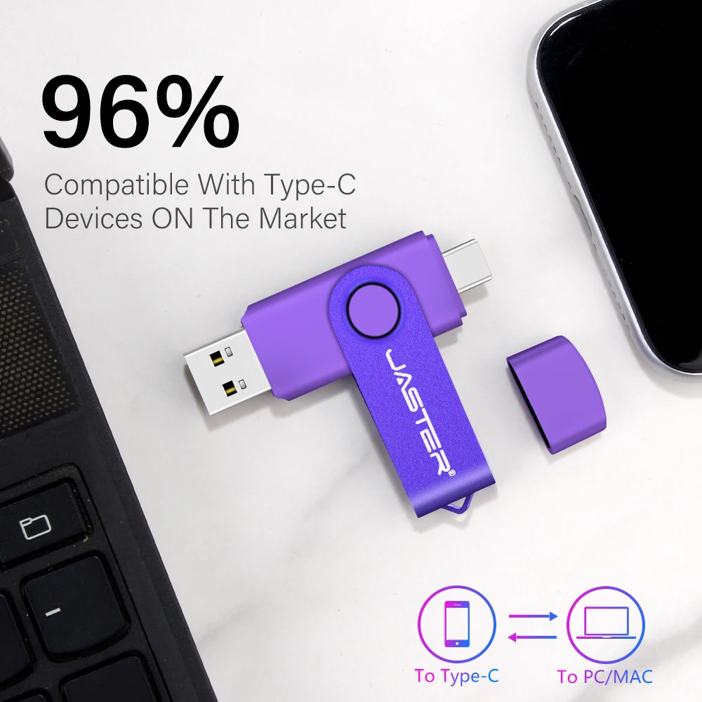 JASTER-unidad Flash USB de alta velocidad para teléfono móvil, Pen Drive 2 en 1 de TYPE-C, 128mb, color morado, giratorio, 64GB, con llavero, color verde, 2GB y 4GB