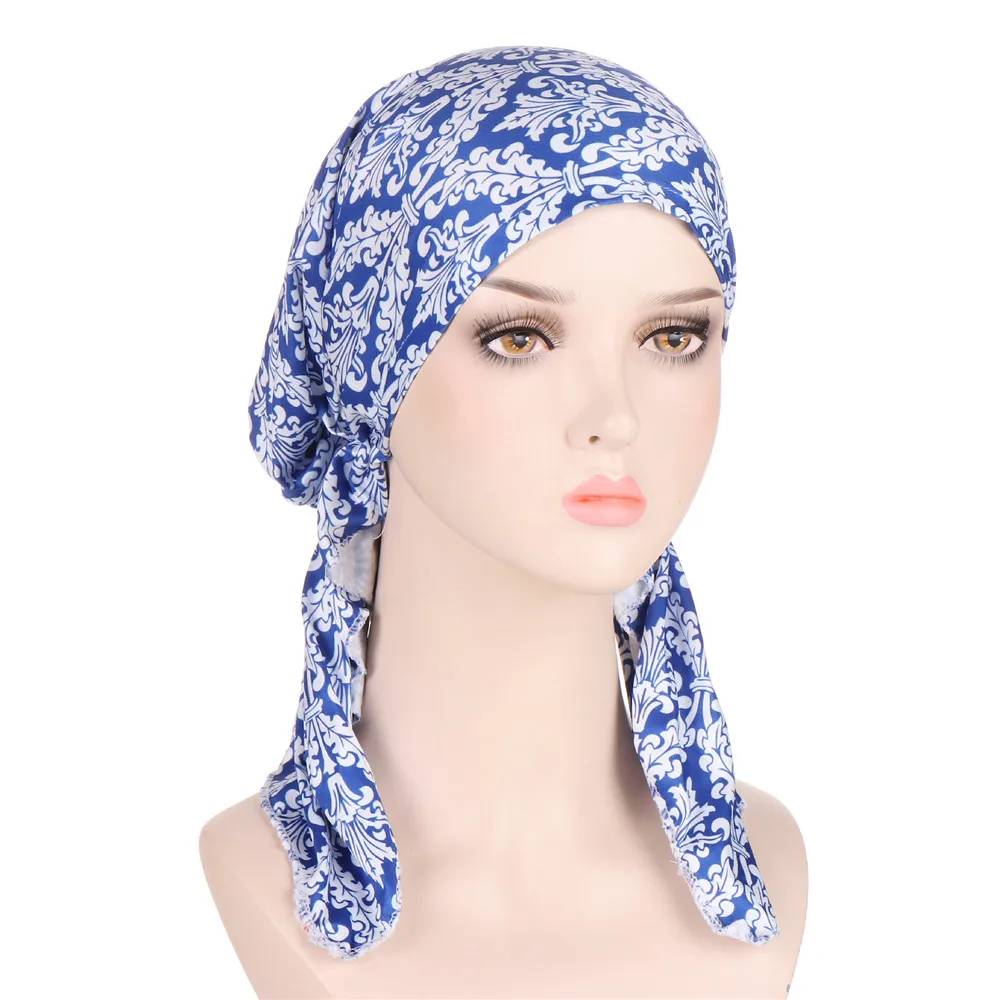 Muslim Women Printed Pre-tied Headscarf Elastic Female Turban Cancer Chemo Hat Hair Loss Cover Head Wrap Headwear Stretch Bandan