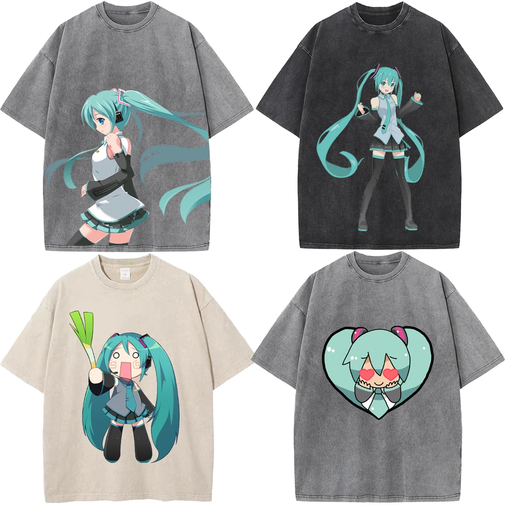 FuFu Hatsune Miku Anime Figure Short Sleeve Couple Men\'s and Women\'s Retro Washed Casual Fashion Pure Cotton T-shirt Gifts