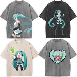 FuFu Hatsune Miku Anime Figure Short Sleeve Couple Men's and Women's Retro Washed Casual Fashion Pure Cotton T-shirt Gifts