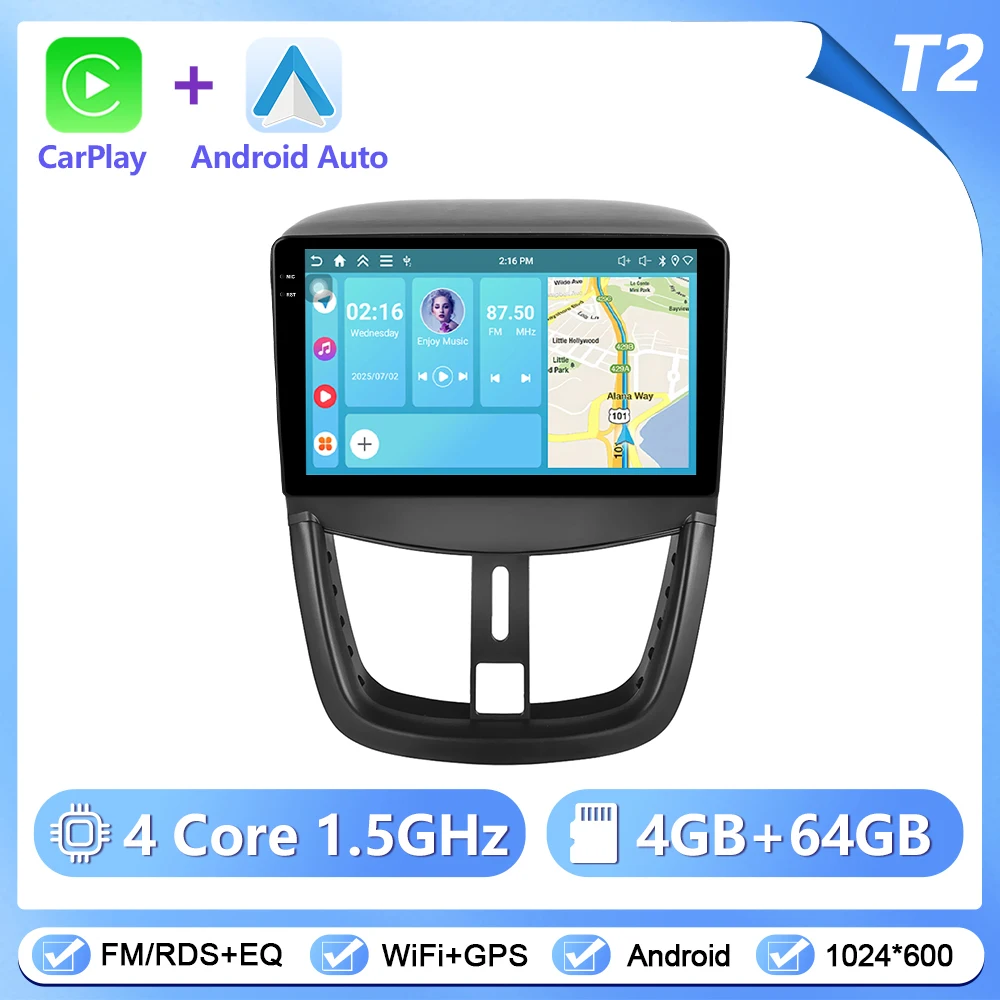 Podofo draadloze CarPlay Android Auto autoradio voor Peugeot 207 2009-2013 GPS navigatie 2Din multimediasysteem autoradio stereo