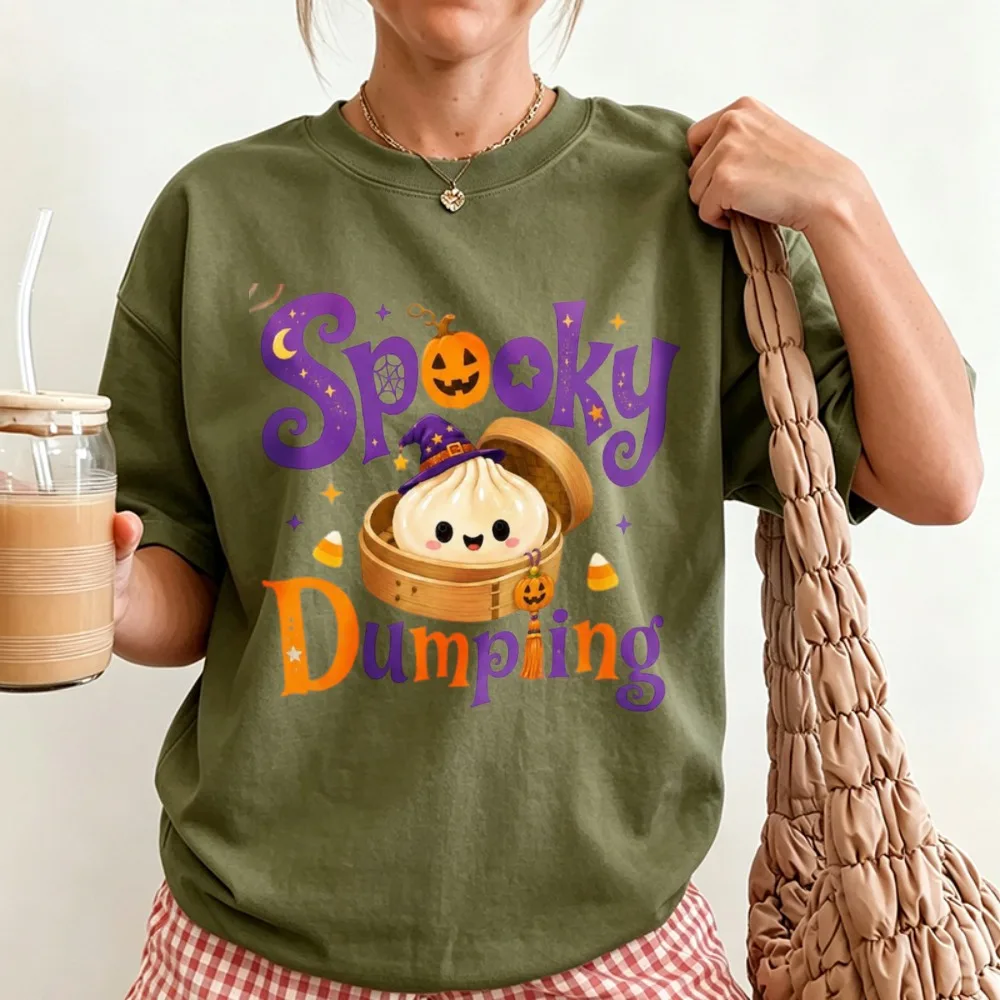 Spooky Dumpling Halloween Graphic T-shirt Cute Witch Dumpling Bamboo Steamer Pumpkin Candy Corn Moon Star Print Short Sleeve Tee