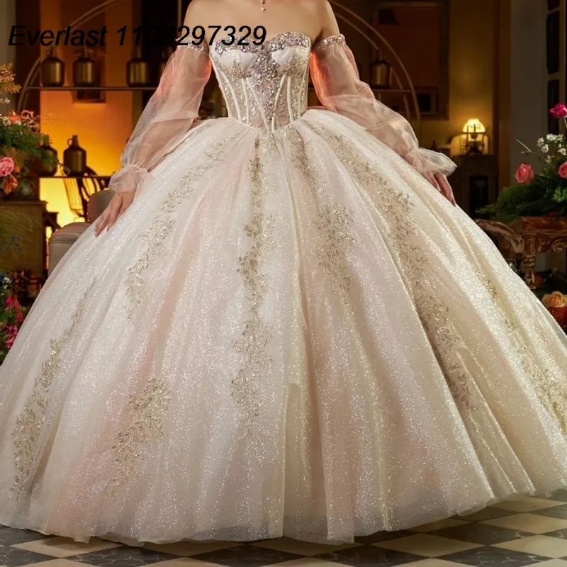 فستان Quinceanera العاجي ، ثوب الكرة ، دانتيل ذهبي ، مطرز بالخرز ، أكمام قابلة للفصل ، حلوة 16 ، 15 سنة ، tqd383