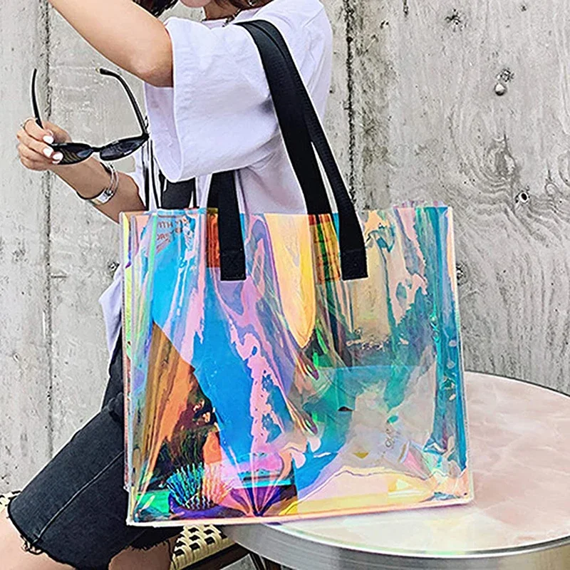 500Pcs/Lot Fashion Iridescent Tote Bag Clear Holographic Handbag for Work Beauty Large Size and Sturdy Handle