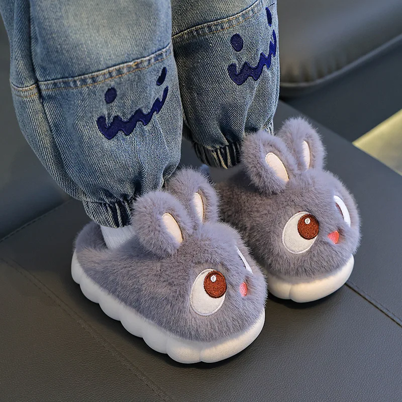 Kinder-Hausschuhe aus Kaninchen-Baumwolle, rutschfest, warm, für drinnen, Zuhause, Eltern und Kinder, Babyschuhe, Winter – Detail 7