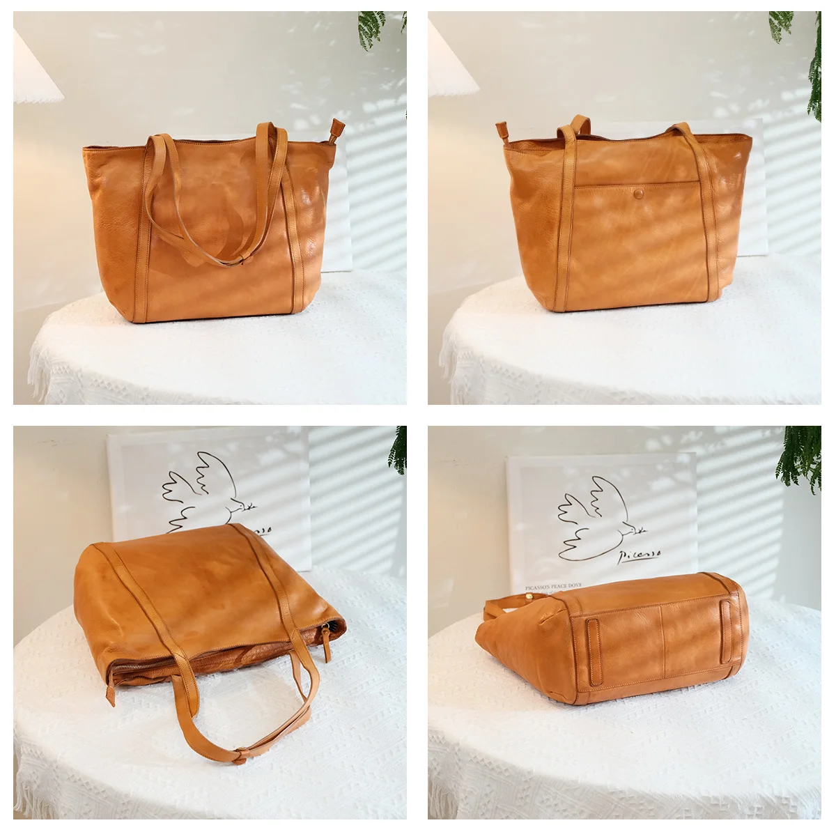 Simple vintage high-quality vegetable tanned cowhide women's large capacity tote bag fashion genuine leather shopping handbag