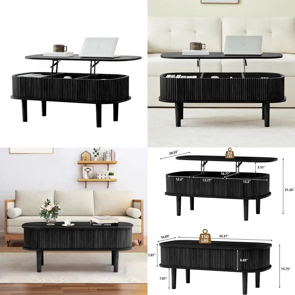 

Современный овальный журнальный столик с подъемным верхом и скрытым хранилищем, полностью собранная деревянная центральная часть для гостиной или офиса, черный