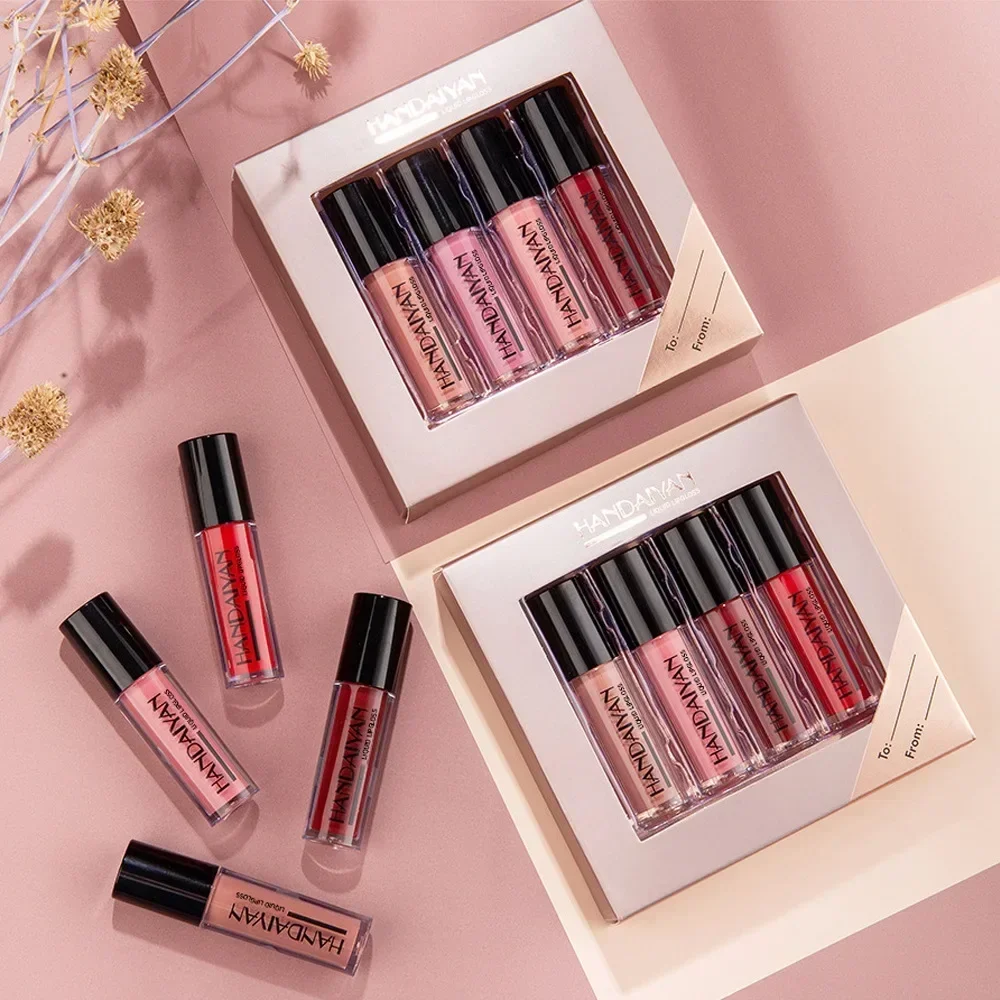 4pcs/box Rose Red Brown Stain Lip Gloss Waterproof Long-lasting Easy To Wear Velvet Lip Mud Autumn/Winter Makeup Lip Tint