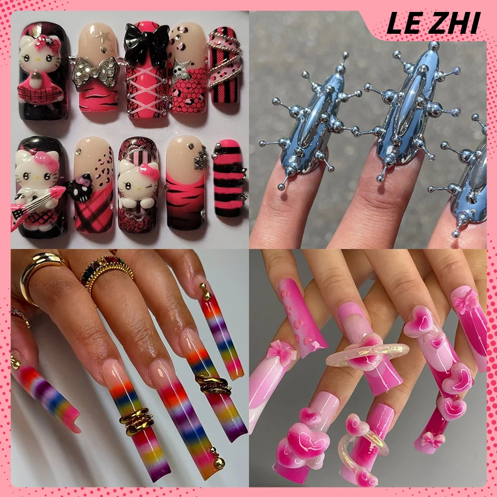 

Spice Girl Shining Diamond Handmade Xl Long Square Press On Nails 3D Hello Kitty Leopard Print Eyes Rivets Lips Bow Fake Nails