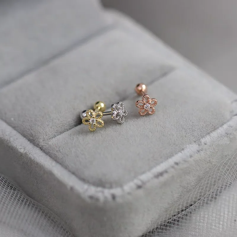 925 Sterling Silver Hollow Flowers Small Cute Screws Earrings For Women Sweet Jewelry