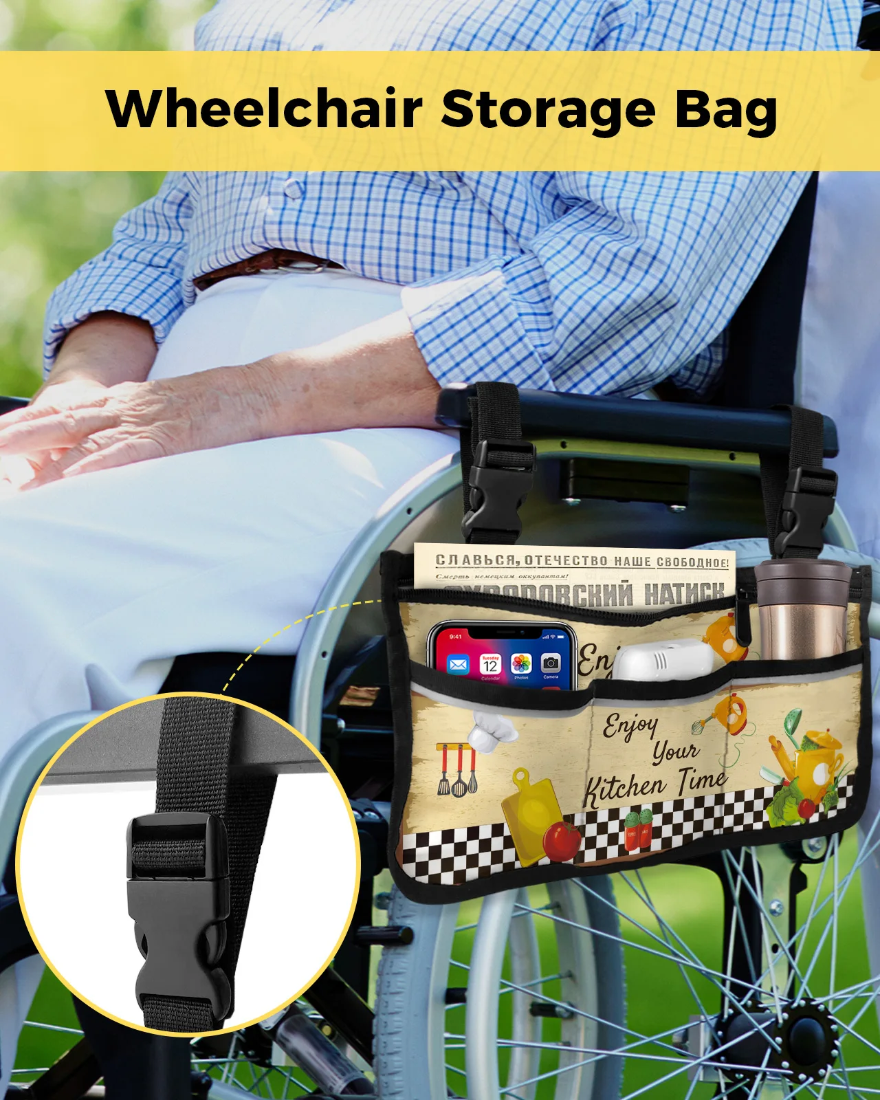 Kitchen Vegetables Chef Hat Plaid Wheelchair Bag With Pockets Armrest Side Bags Electric Scooter Walking Frame Storage Pouch