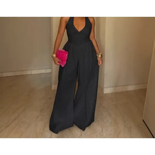 

Elegant Evening Jumpsuit Woman Summer 2025 Gowns Biarthday Party One Pieces Wide Leg Pants Outfit White Halter Backless Rompers