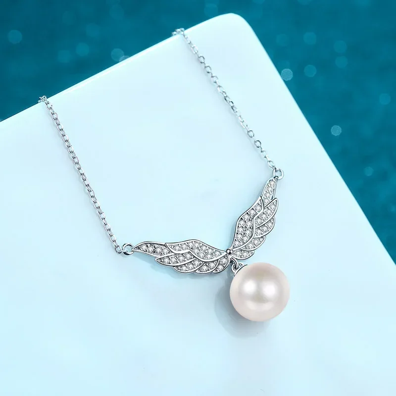 Romantic Angel Wings Moissanite Pearl Pendant Collar Chain, Cupid Heart Necklace Women's Light Luxury Female Engagement Gift