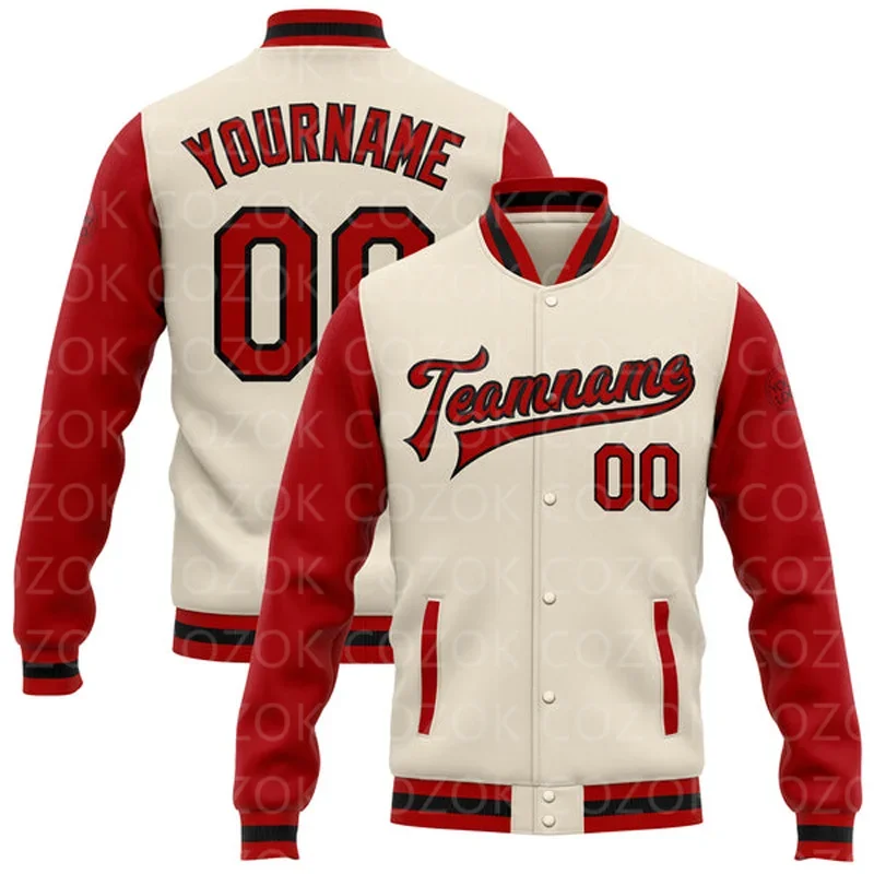 Personalizado creme 3D impresso beisebol botão jaqueta, bombardeiro Letterman Varsity, Full-Snap