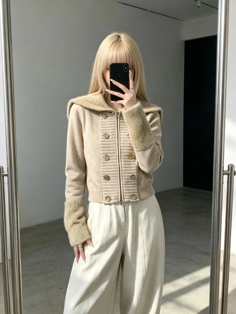 Vintage Style Double Breasted Cuffs with Plush Patchwork Stretch Slim Fit Sweater Jacket Navy Lapel Zipper Top for Women