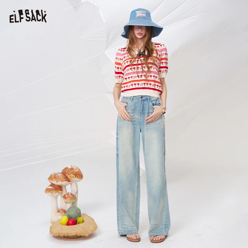 

ELFSACK Light Wash Gradient Wide Leg Jeans, High Waist Straight Denim Pants, Casual Vintage Loose Bottom for Women
