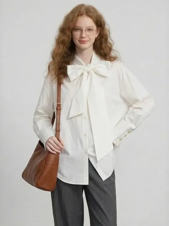 

ZhuoZhi Intellectual Style Shirt with Sash Simple Knot Tie Design Spring 2026 French Style Loose Fit Long Sleeve Wo...