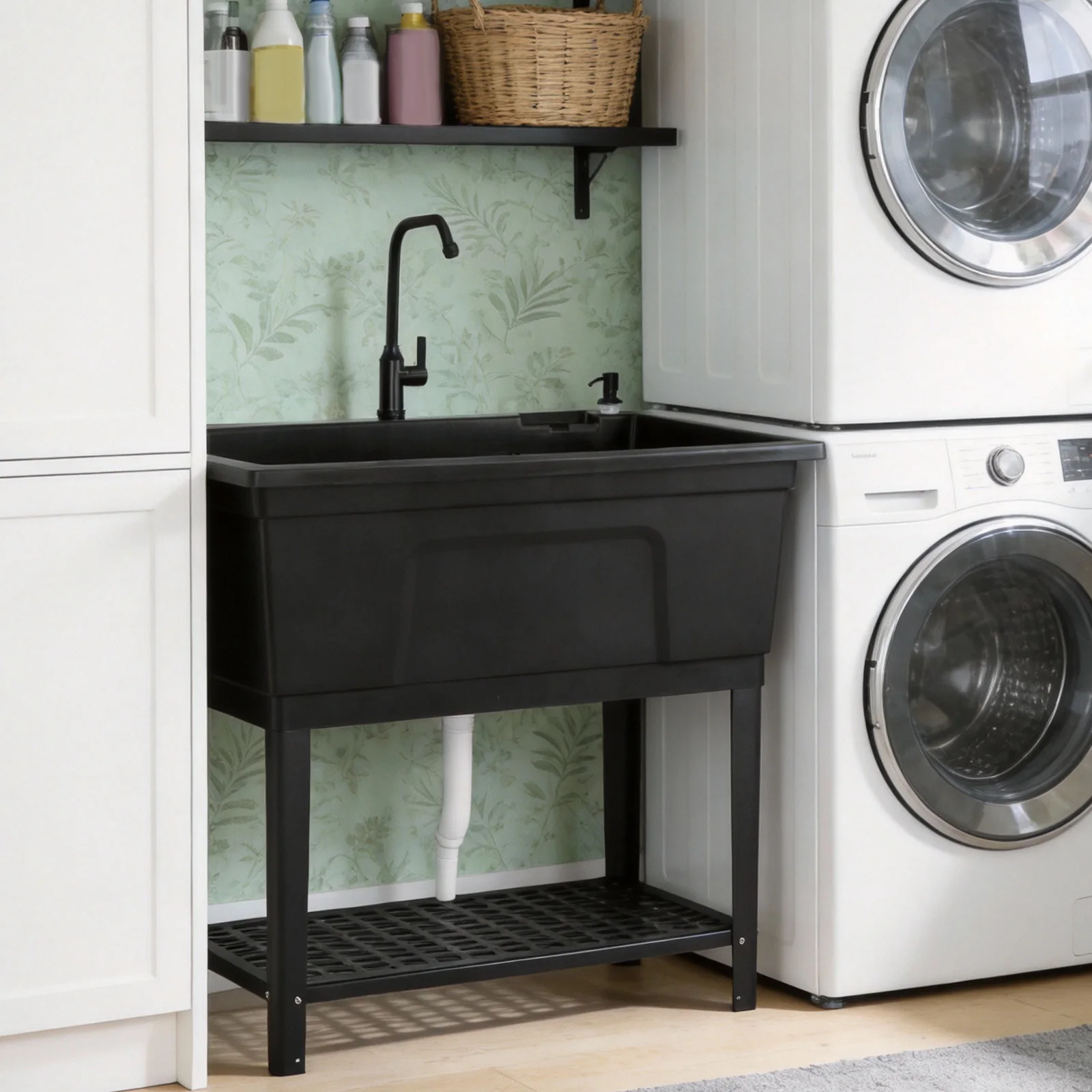 

Freestanding Plastic Laundry Sink with Stainless Steel Faucet Laundry Tub for Washing Room Backyard Garden