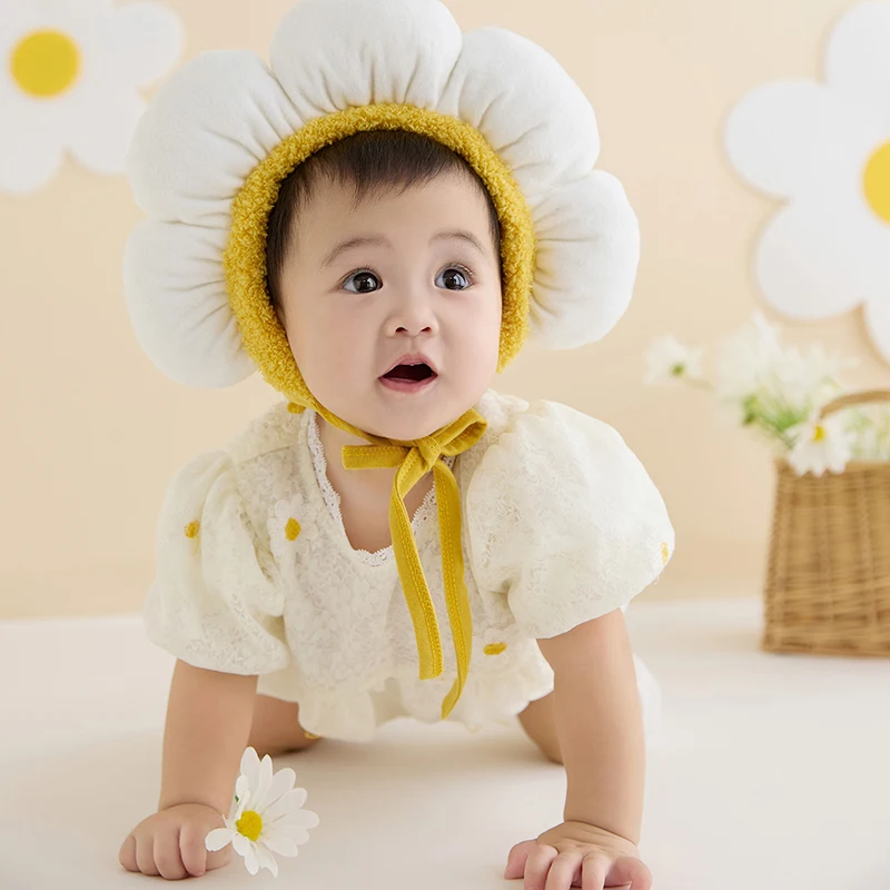 Roupas fotográficas de bebê com tema de girassol, vestido fofo de princesa para meninas, cocar + meias, 4 tamanhos, fantasia de foto de bebê de 3-5 meses