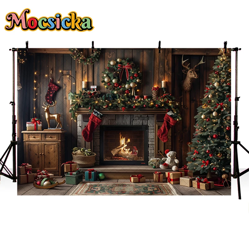 Mocsicka Santas Workshop Backdrops Kids Family Photography Fireplace Christmas Trees Wreath Red Socks Backgrounds