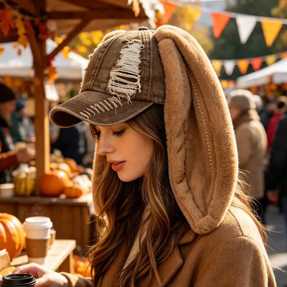 Lightweight Baseball Cap Baseball Cap with Plush Rabbit Ears Washed Distressed Peaked Hat Long Bunny Ear Accessory for Winter