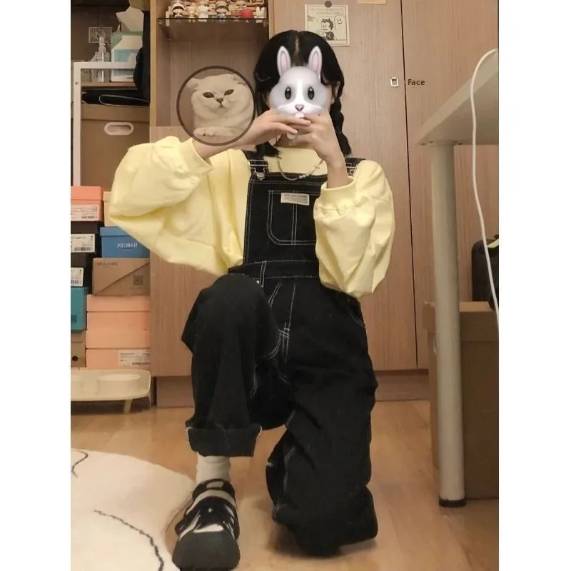 

Bla Denim Overalls Women's Faion Spring Autumn Loose Straight Leg One-Piece Pants High Waist Wide Leg Trousers