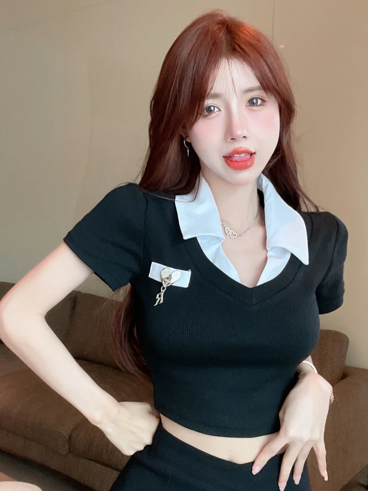 

Fashionable Spicy Girl Color Block Collar Short Sleeve T-Shirt Women's Slim Fit Summer New Style Versatile Pure Desire Short Top