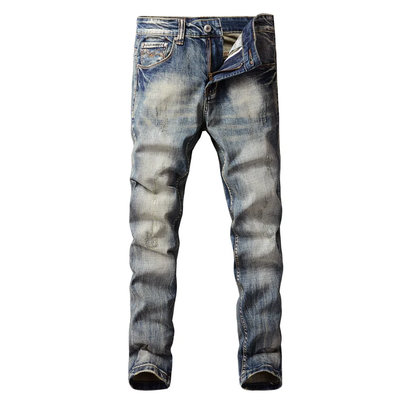 Italian Style Fashion Men Jeans Retro Blue Stretch Elastic Slim Ripped Jeans Men Vintage Trousers Casual Designer Pants Hombre