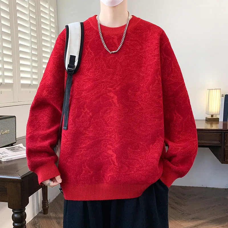 

Новинка 2025, мужской вязаный свитер, зимняя одежда для пары, год, красный трикотаж, повседневный длинный свек, круглый, теплая мода