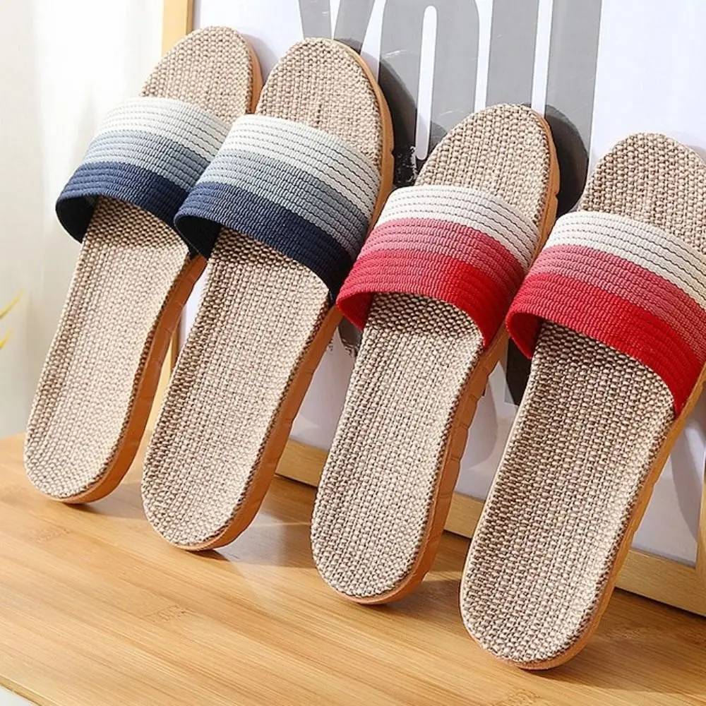 Casual Non-Slip Linen Indoor Slippers Soft Flax Men Slippers Stripe Sandals Women Slippers Home