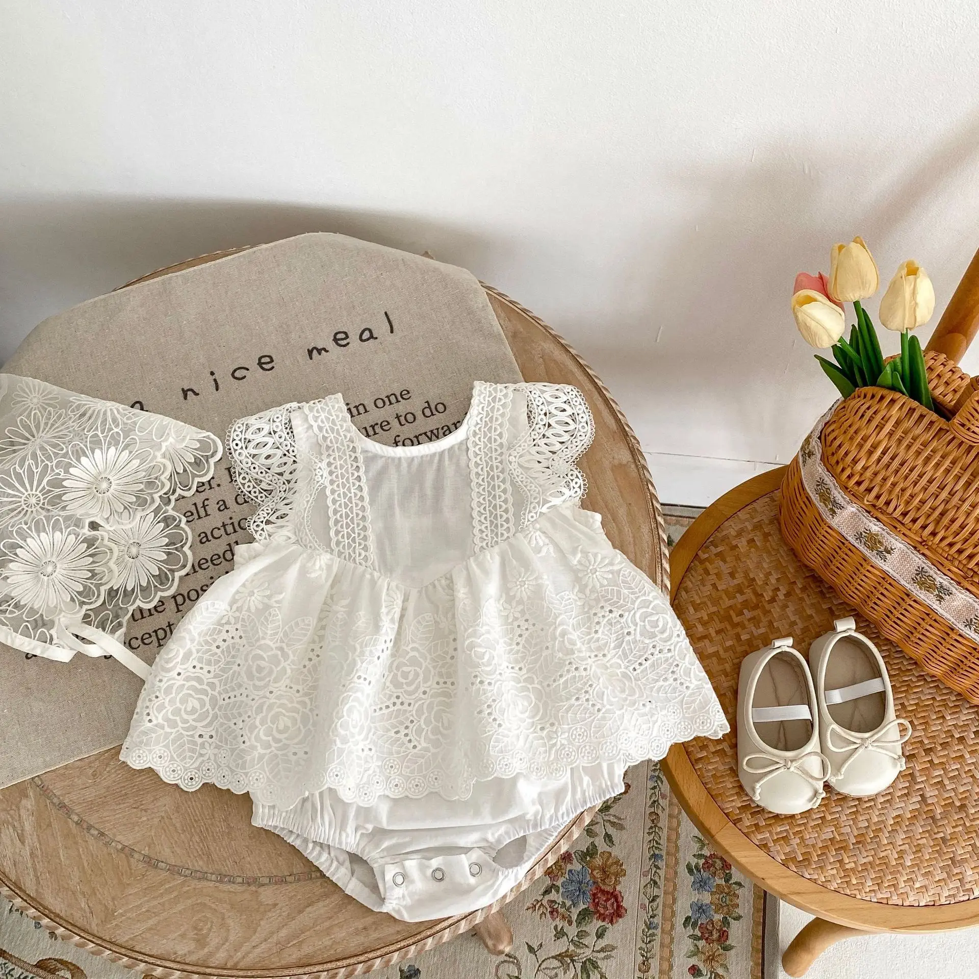 Baby Baptism Romper White Color Lace Embroidered Cute Infants Jumpsuit Summer Toddler Outfits