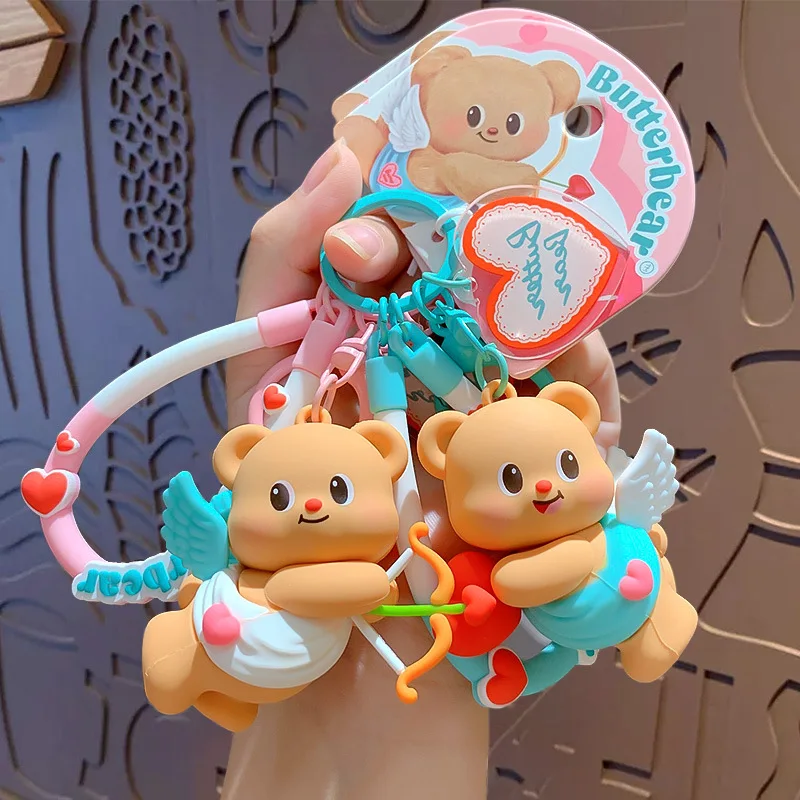 Cartoon God of Love Angel Wings Butter Bear Archery Keyring Cute Doughnut Hug Heart Bear Fruit Machine Toy Bag Key Chain Pendant