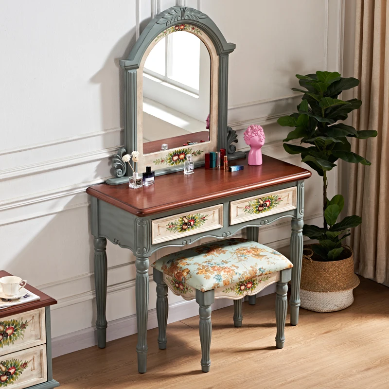 Mini dressingtable Bedroom furniture makeup headdresses American retro bedroom solidwood dresser makeup vanity table with mirror