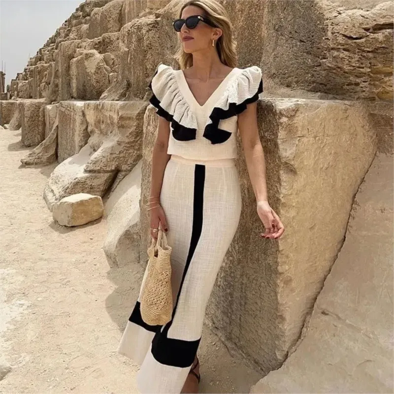 Elegant Skirt Sets For Women V Neck Flying Sleeve Contrast Top High Waist Skirt Female 2 Pieces Set Holiday 2024 Tank Skirt Suit