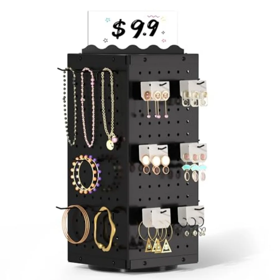 360 Rotating Pegboard Display Stand with Signage 4-Sided Spinning Peg Board Stand with 24 Hooks for Jewelry Earring and Keycha