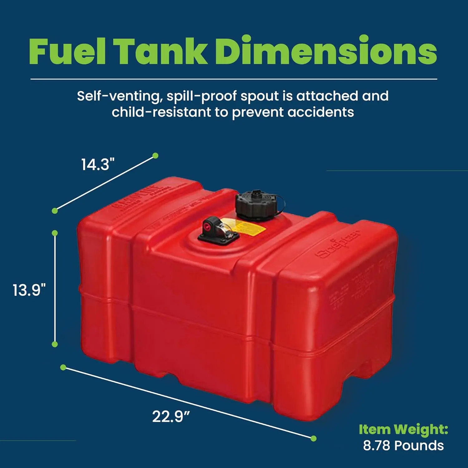 Portable Rectangular Tall Profile Marine Fuel Tank Caddy, Fuel Can Container with Vented Cap for Boats and Watercraft