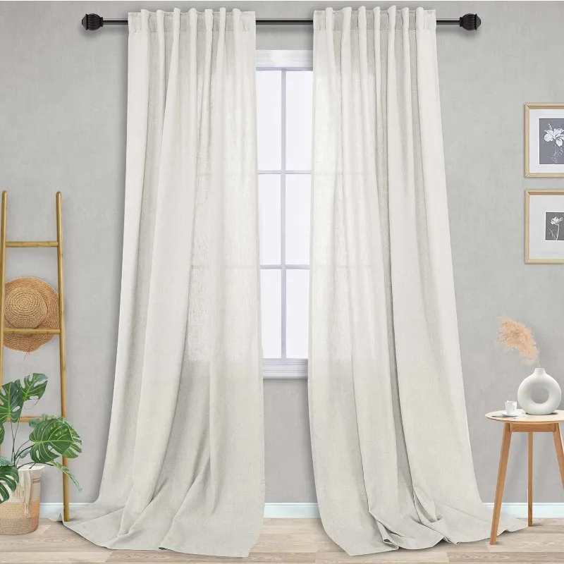 108 Inches Long Cream Beige Linen Curtains for Living Room Large Window Back Tab Rod Pocket 9FT Ivory Semi Sheer