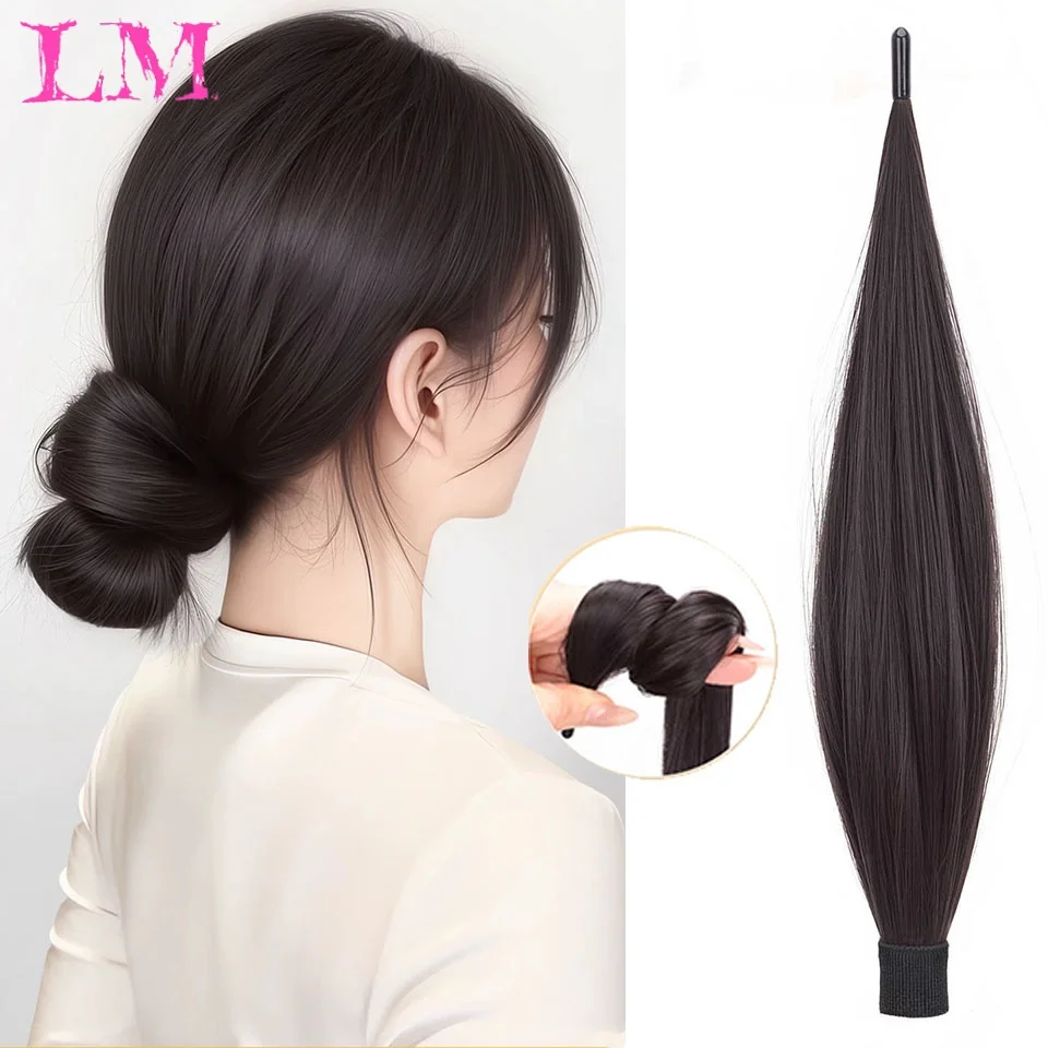 Long Straight Synthetic Self-Winding Ponytail Hair Extensions With Rubber Ring Design Braided Hair Bundle For Women Increase Hai