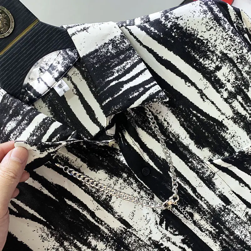 Korean Style Ink Retro Striped Shirt Men Slim Thin Tie-dyed Long-sleeved Ice Silk Shirt