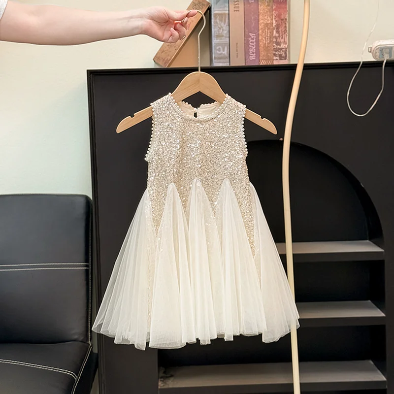Sequined Girls Dress New Princess Puff Dress Kids Birthday Party Mesh Gown Children Casual Clothes Toddler Fashion Vestidos 2-8Y